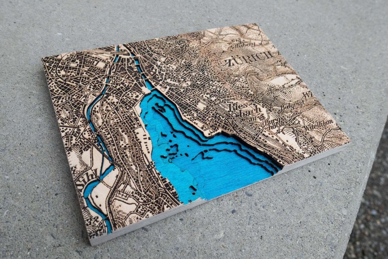 Laser cut and engraved topographic map (dufour map) of Zurich, Switzerland from 1944 by Robin Hanhart