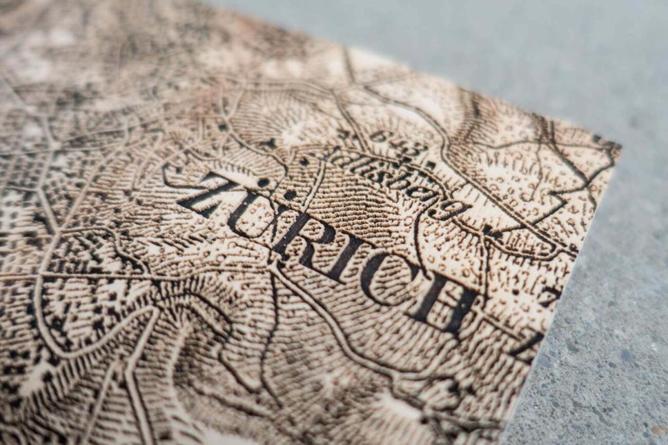 Detail of the laser engraving on the topographic map of Zurich