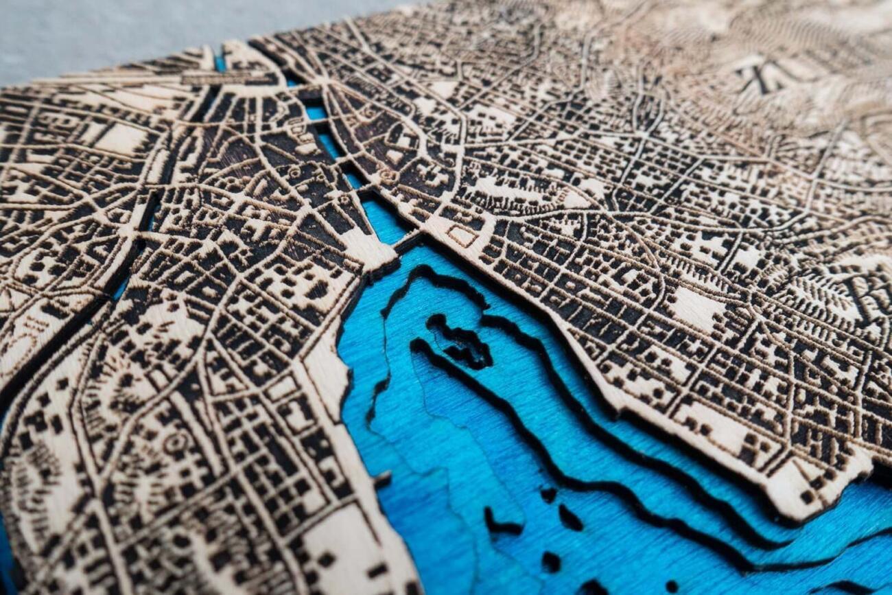 Detail view of the laser cut and engraved topographic map of Zurich from 1944 by Robin Hanhart