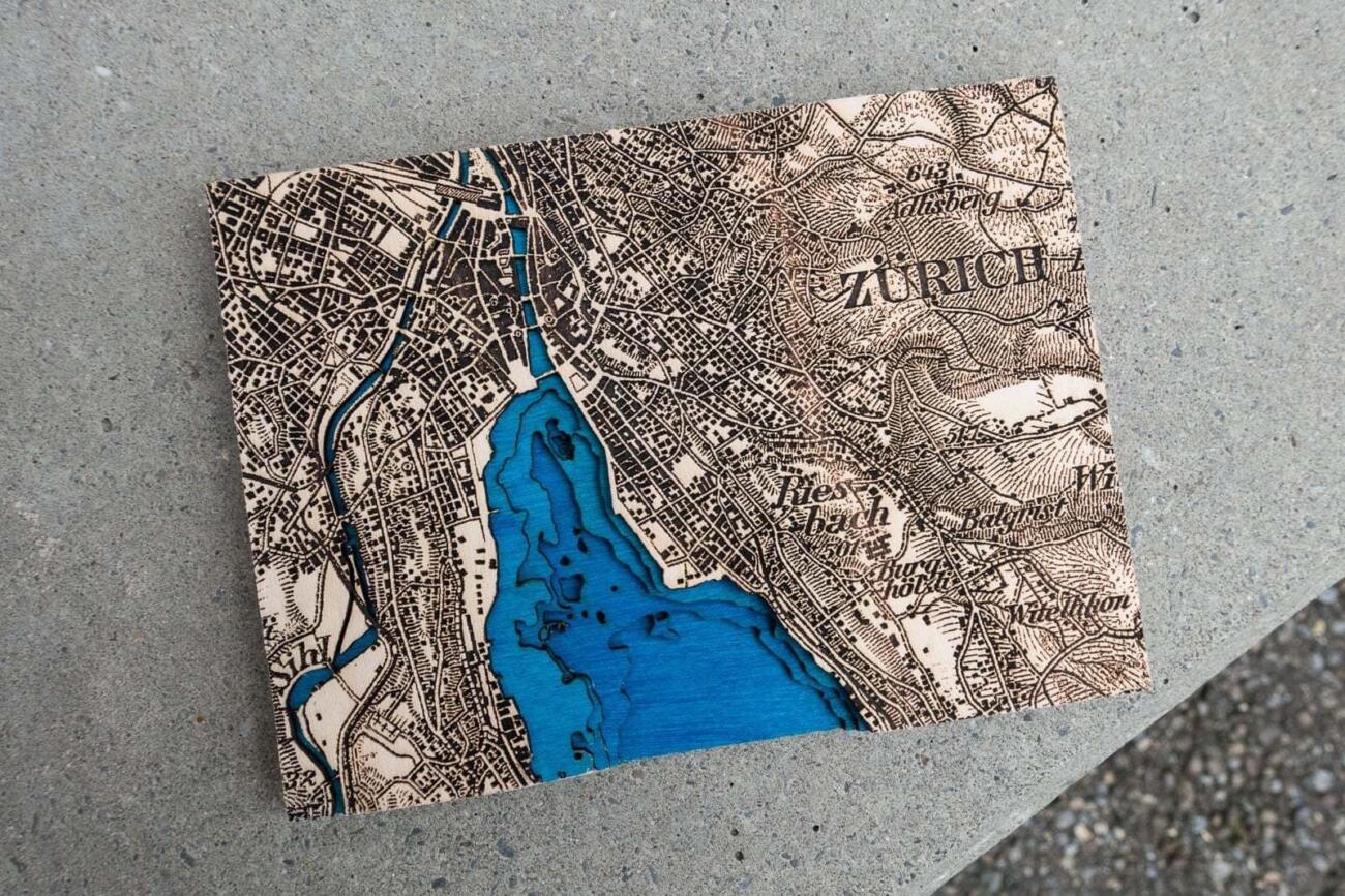 Lasercut and engraving of the topographic map of Zurich from 1944 - 2