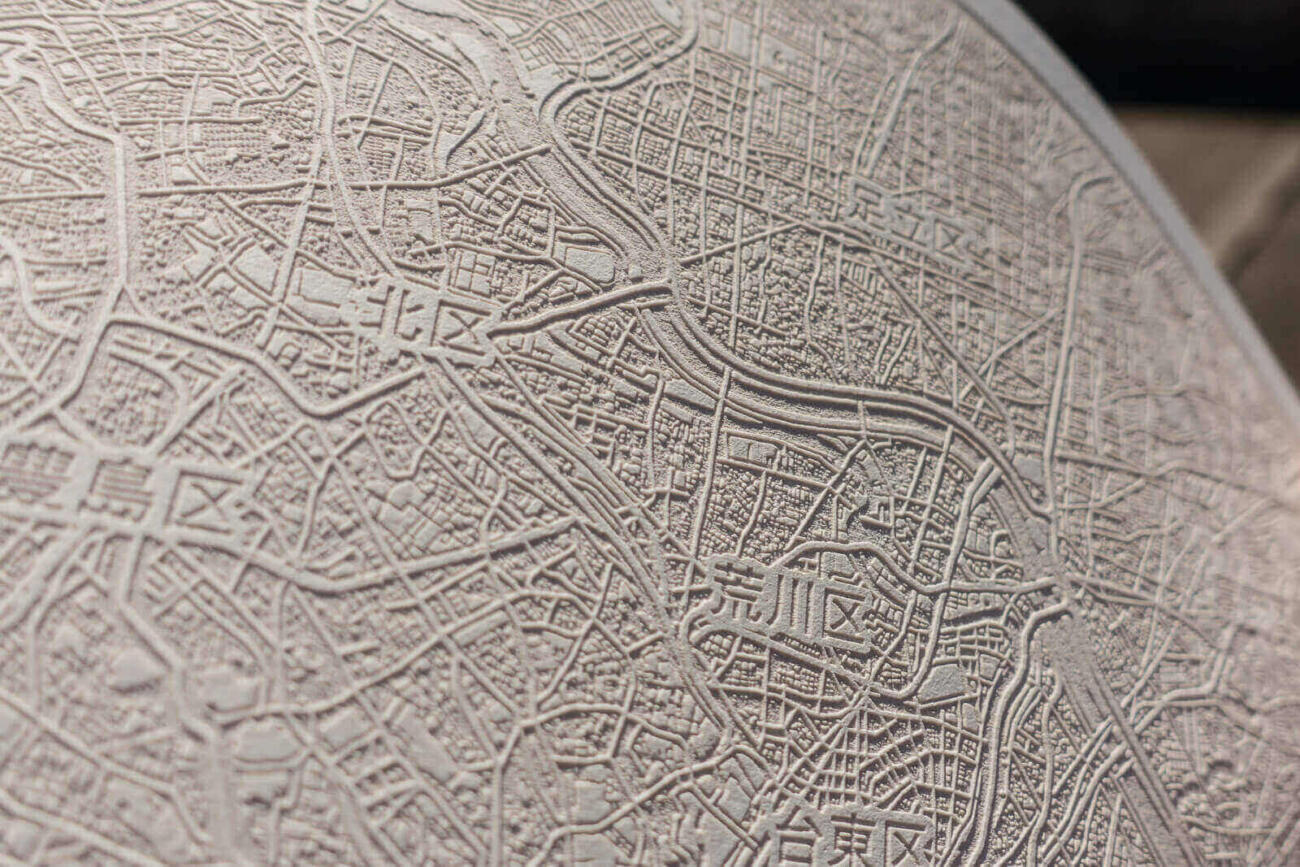Closeup of the laser engraved paper map of Tokyo, Japan