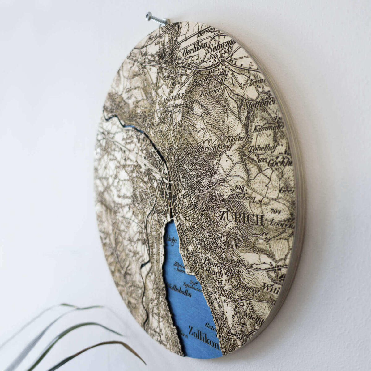 Historical Dufour map of Zurich, Switzerland in 1944 - Laser cut and engraving in wood