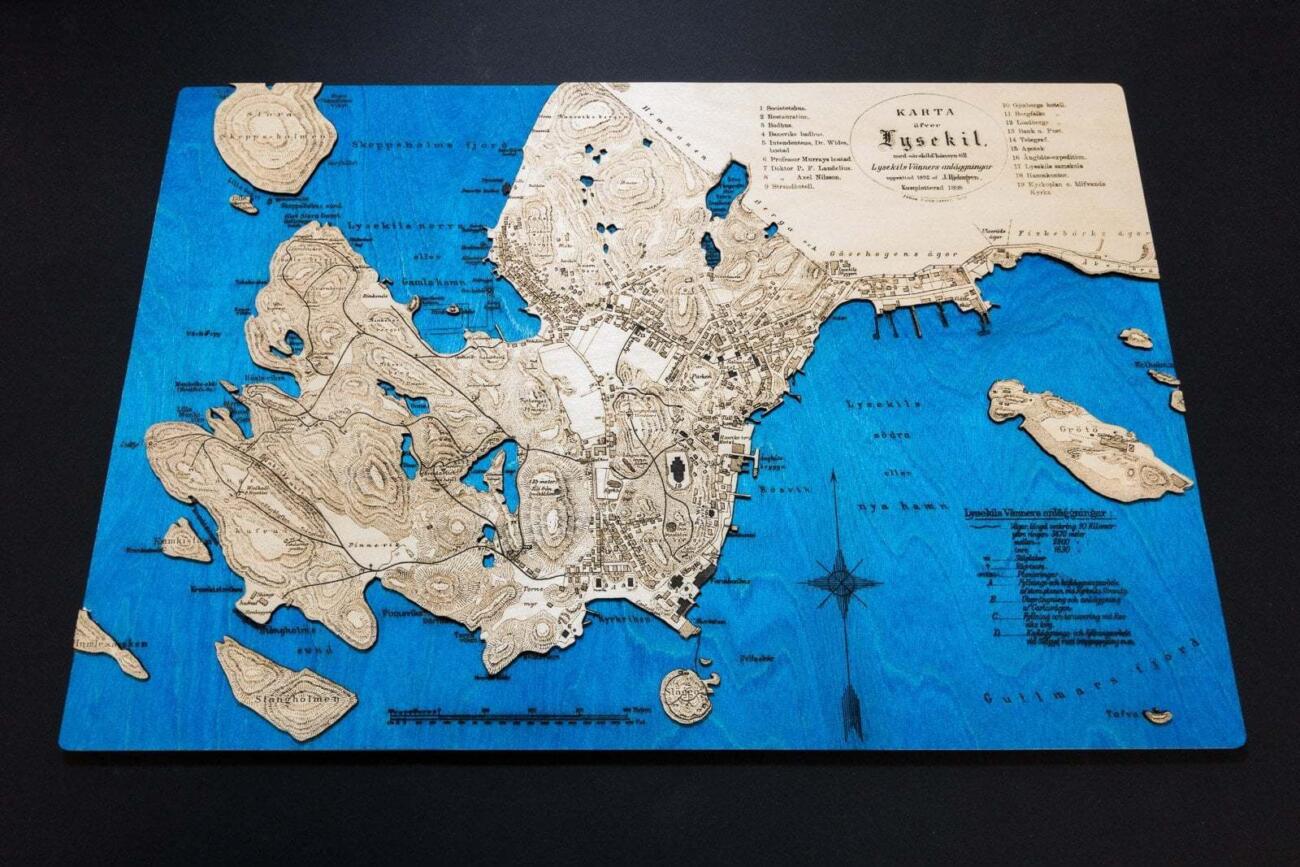 Historical map of Lysekil in Sweden in the year 1898, Laser engraving in wood